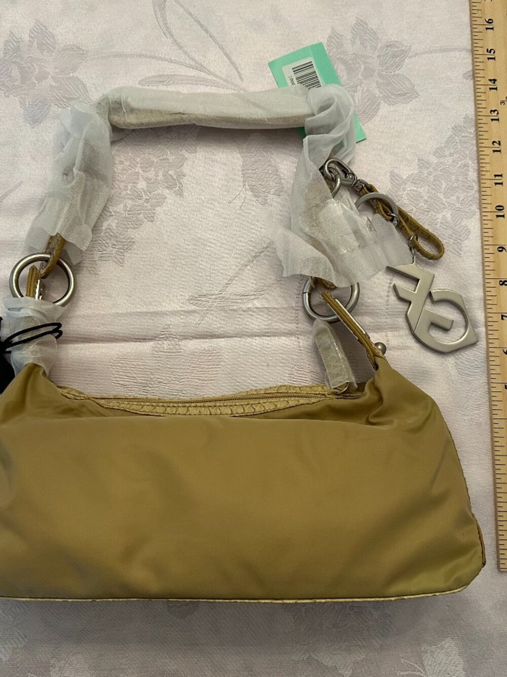 NWT Ferre Y2K Tan Nylon Shoulder Bag Snake Embossed Logo Charm